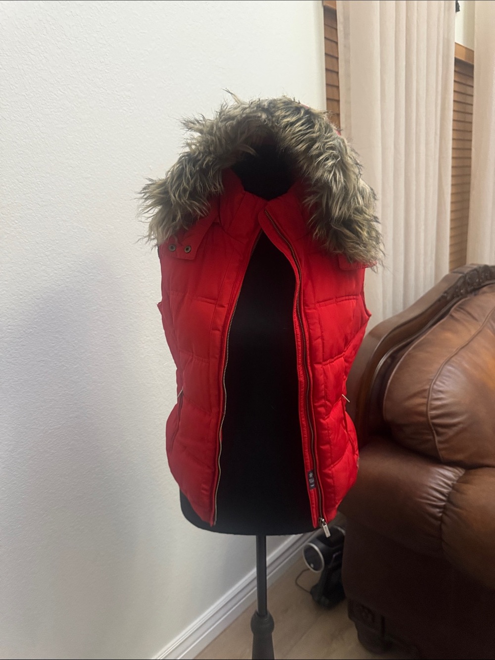 Zara Girls' Red Quilted Vest with Faux Fur Hood